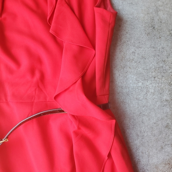 Calvin Klein Red Sheath Dress Slit Ruffle Black Belt Preppy Work Valentines Day - Picture 7 of 11